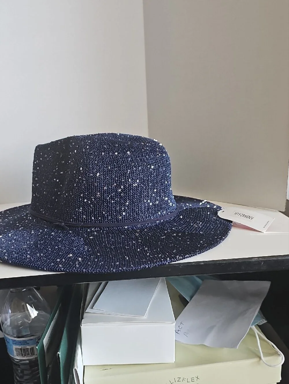Beloved Millinery Sparkling Wide-Brim Panama Style Fedora Hat - Navy Blue